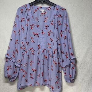 Counterparts Floral Peplum Blouse XL Flowy Ruffle Sleeve Blue Top